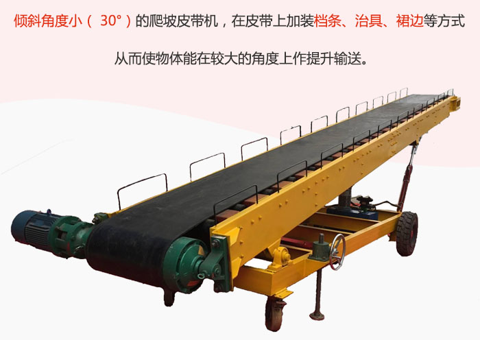 傾斜角度小( 30°)的爬坡皮帶機,在皮帶上加裝檔條、治具、裙邊等方式從而使物體能在較大的角度上作提升輸送。